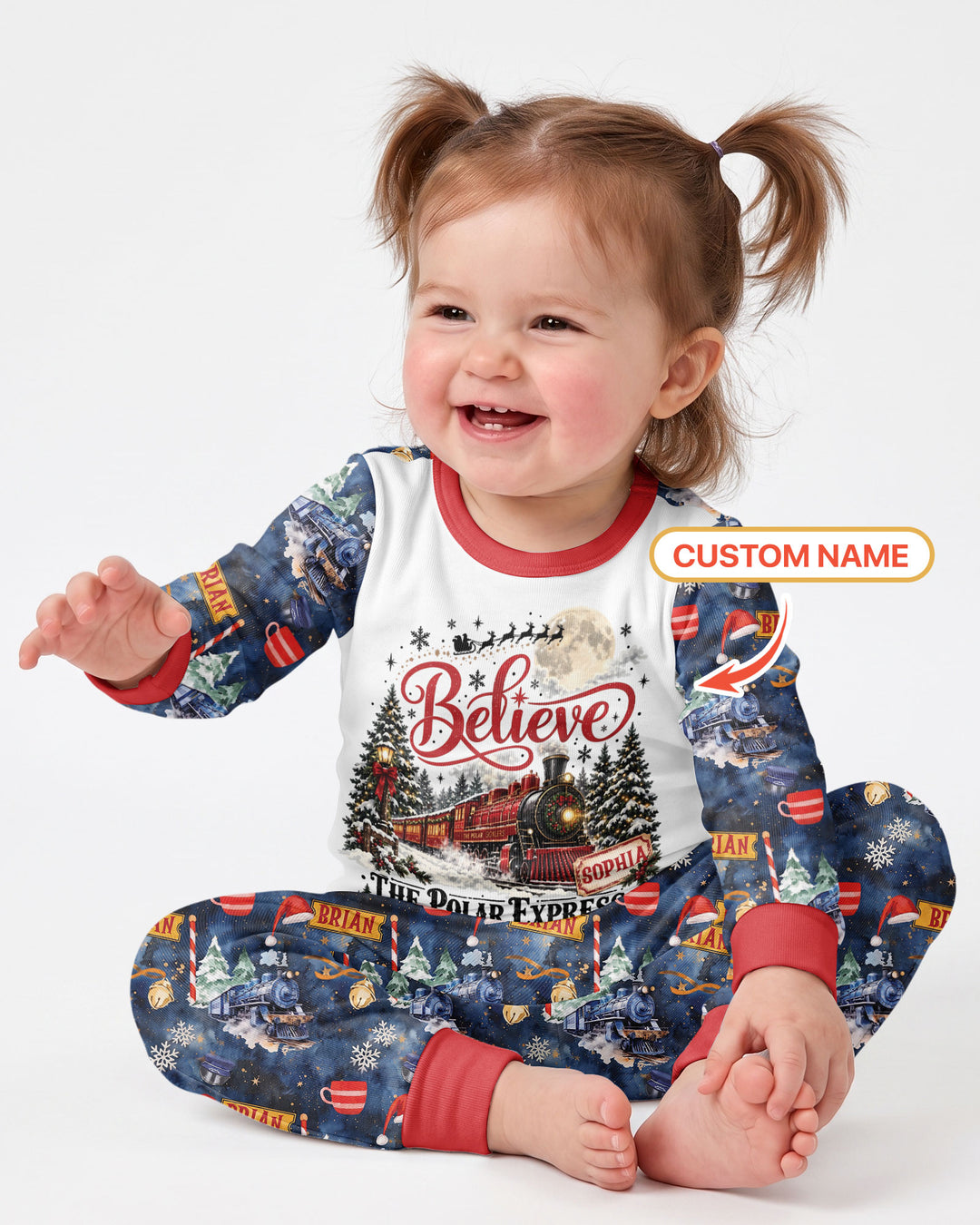 Believe North Pole Train Custom Name  Bamboo Two Piece Long Sleeve Pajama Set