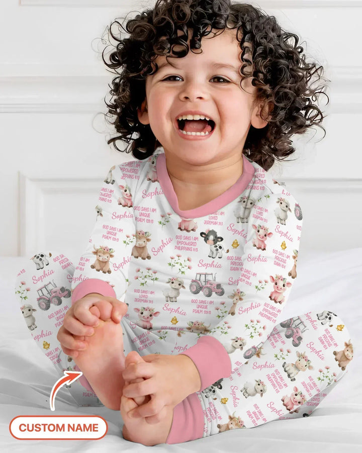 Custom Name God Says I Am Farm Animals Bamboo Two Piece Long Sleeve Pajama Set