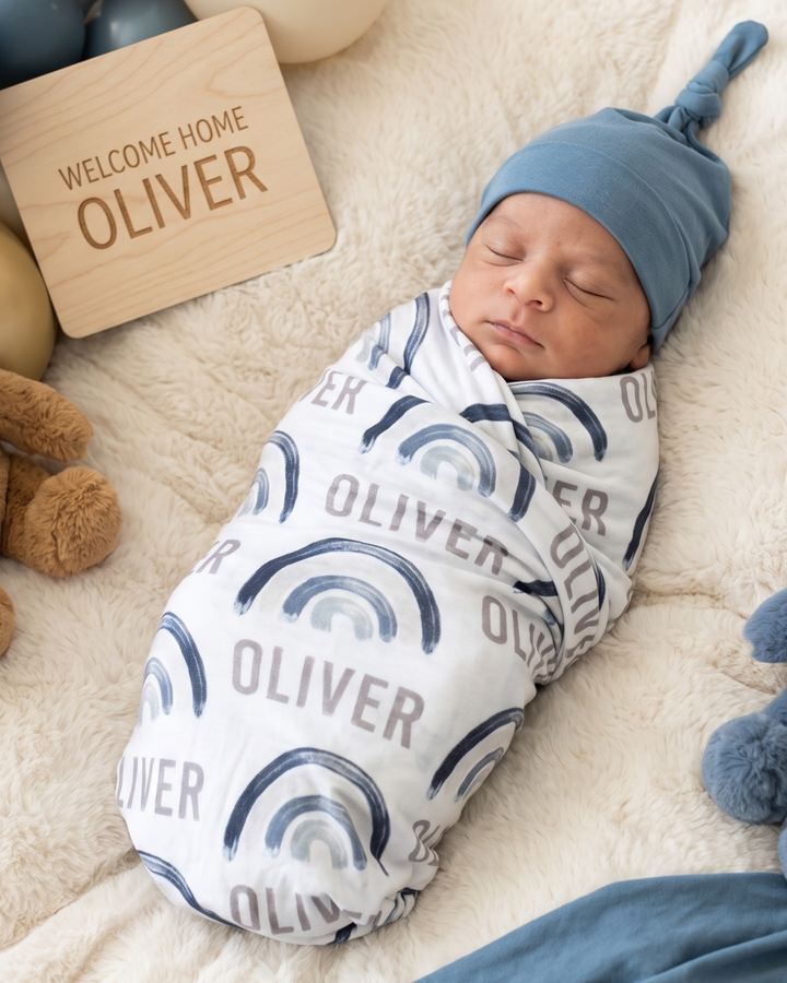 Blue Rainbow Dreams Bamboo Swaddle Blanket