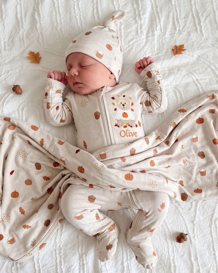 Cozy Autumn Embroidered Bamboo Zipper Footie