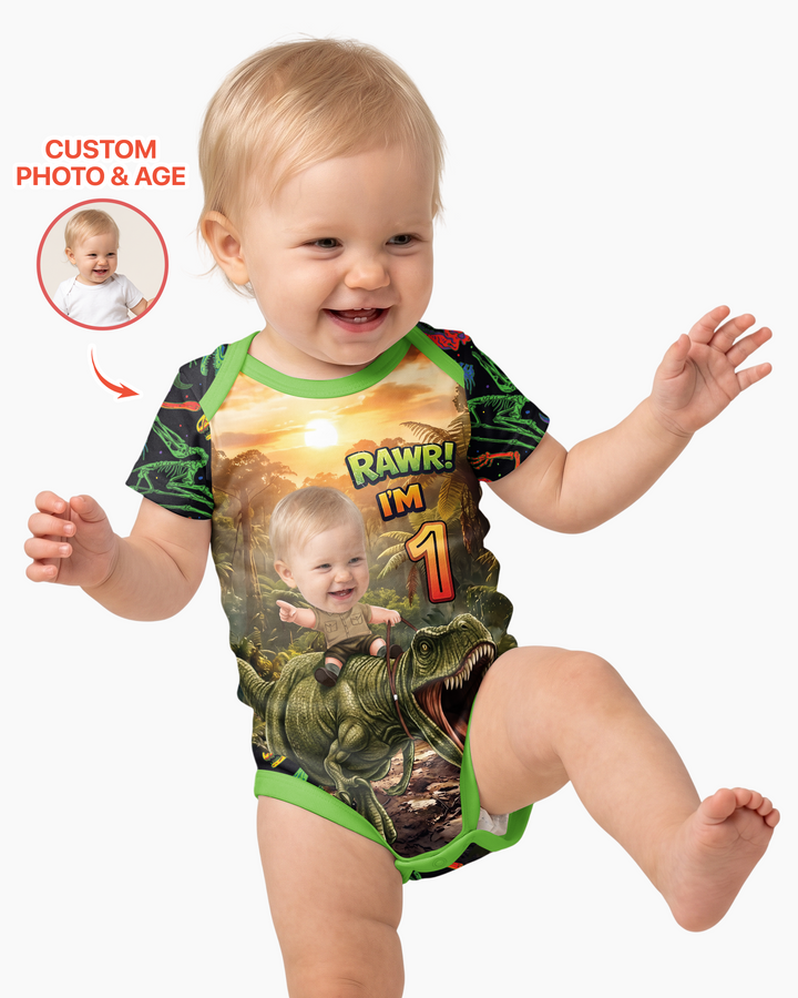 Custom Photo Dino Rawr Birthday Bamboo Bodysuit