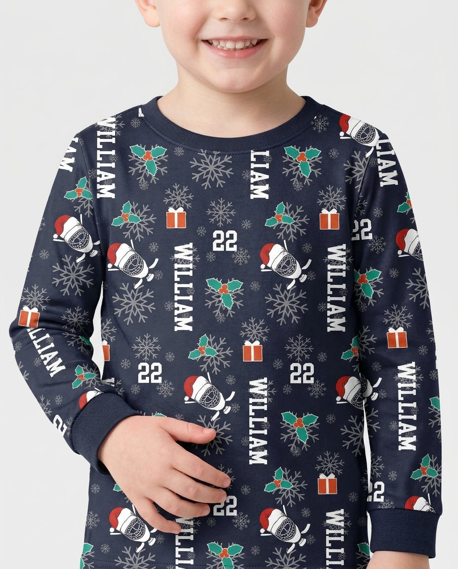 Custom Name Hockey Holiday Bamboo Two Piece Long Sleeve Pajama Set