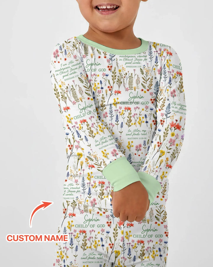 Custom Name Child of God Flower Garden Bamboo Two Piece Long Sleeve Pajama Set