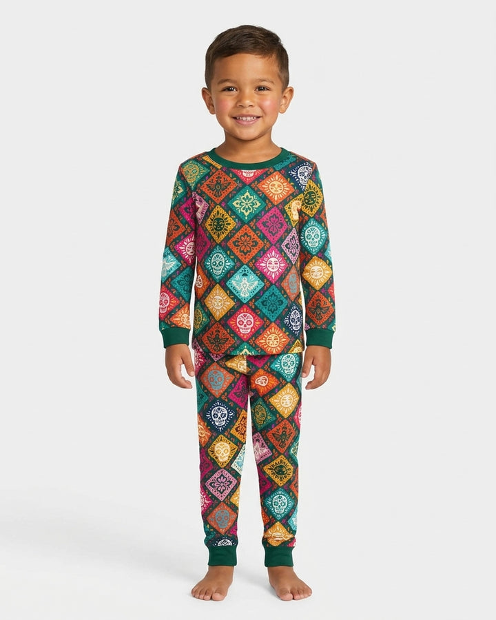 Day of the Dead Colorful Mexican Skull Bamboo Two Piece Long Sleeve Pajama Set