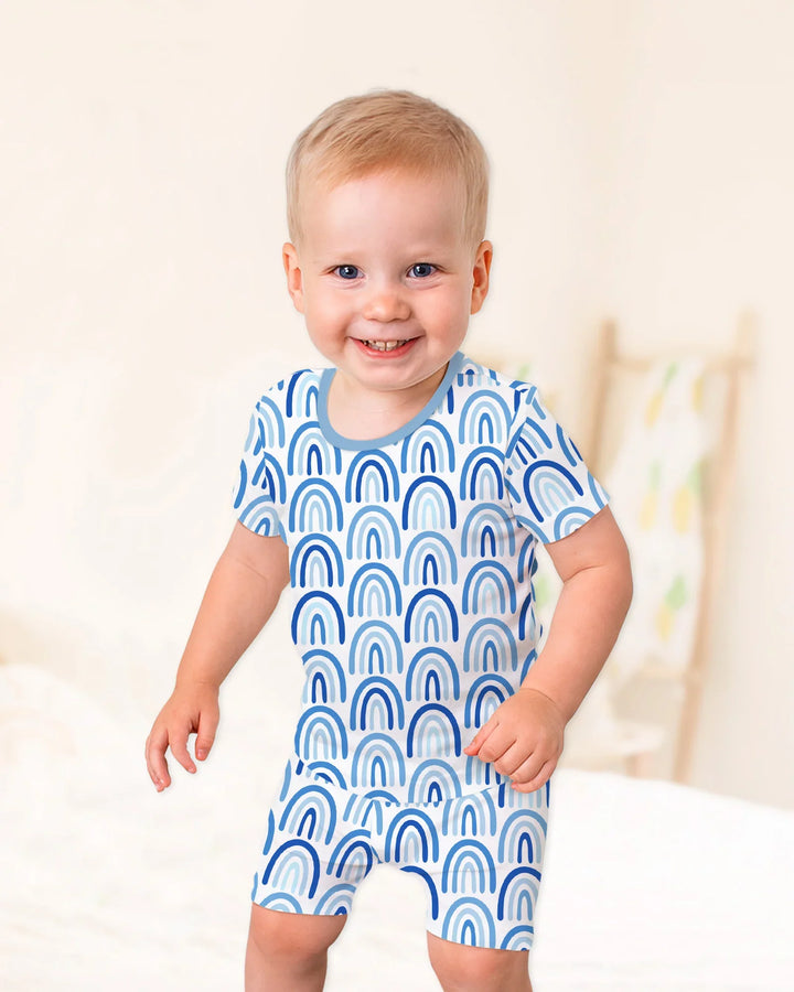 Sky Blue Rainbows Bamboo Two Piece Short Sleeve Shorts Pajama Set