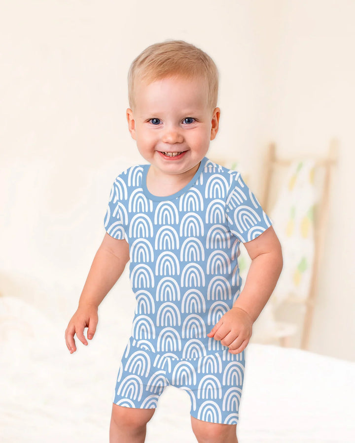Sky Blue Rainbows Bamboo Two Piece Short Sleeve Shorts Pajama Set