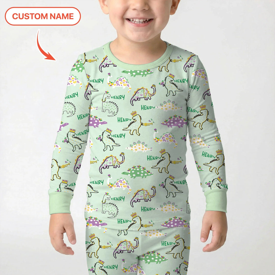 Custom Name Mardi Gras Saurus Bamboo Two Piece Long Sleeve Pajama Set