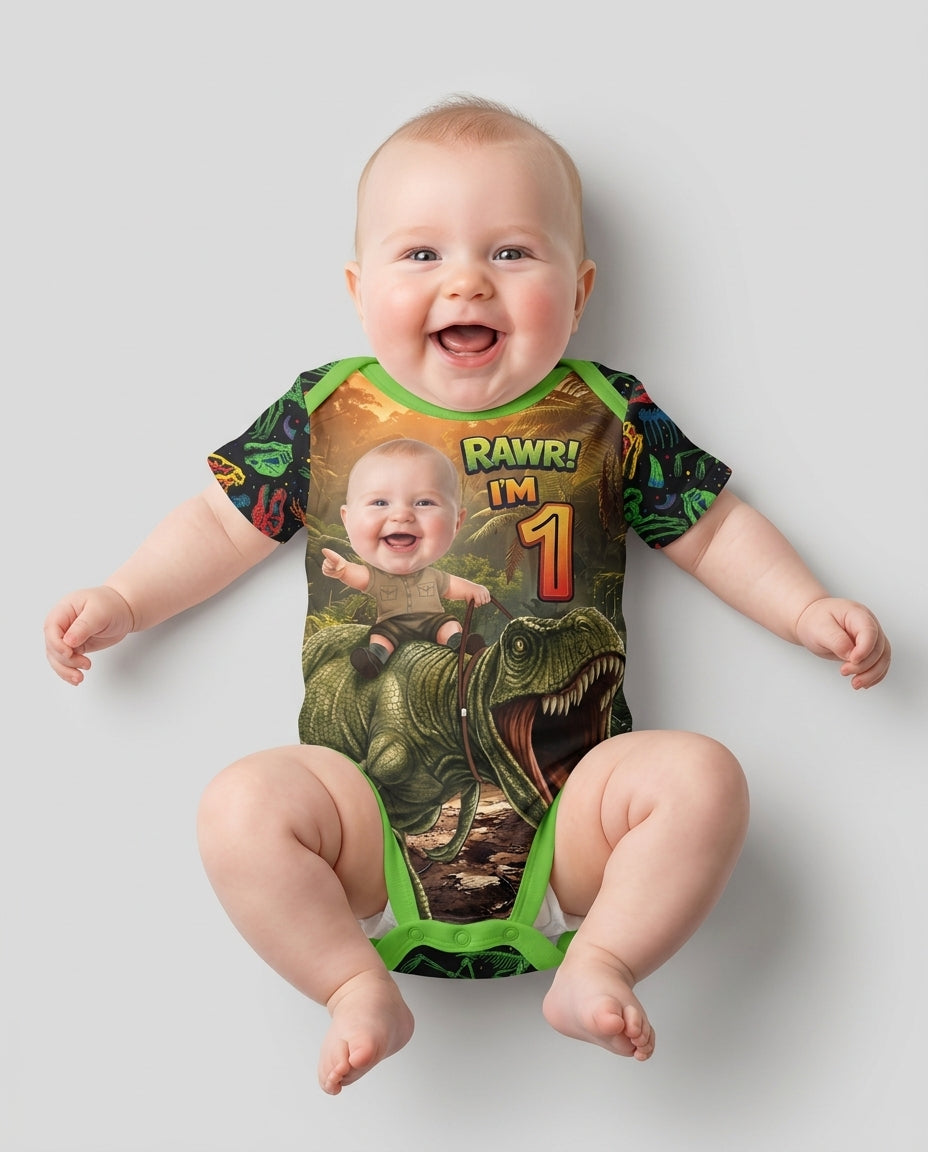 Custom Photo Dino Rawr Birthday Bamboo Bodysuit