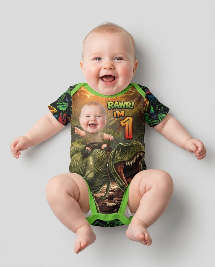 Custom Photo Dino Rawr Birthday Bamboo Bodysuit