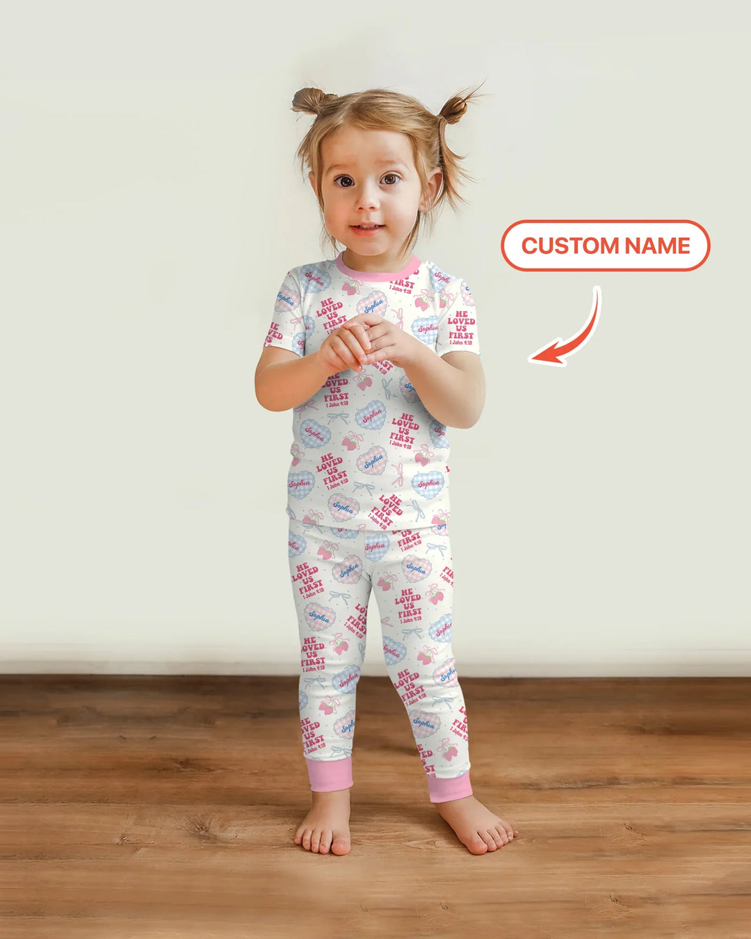 He Loved Us First Custom Name Bamboo Two Piece Short Sleeve Pajama Set