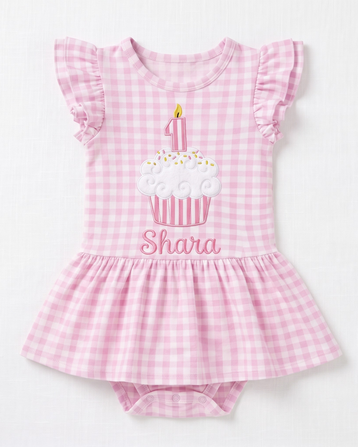 Sweet One Birthday Embroidered Gingham Bamboo Cap Sleeve Ruffle Dress