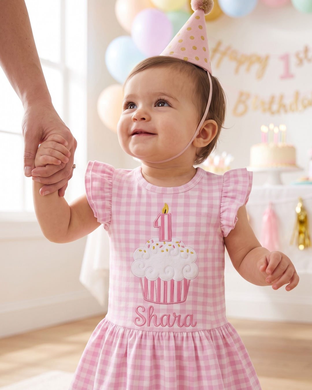 Sweet One Birthday Embroidered Gingham Bamboo Cap Sleeve Ruffle Dress