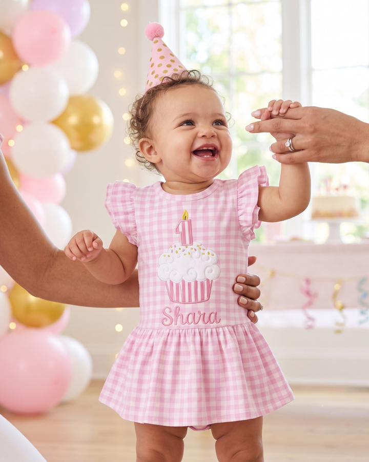 Sweet One Birthday Embroidered Gingham Bamboo Cap Sleeve Ruffle Dress