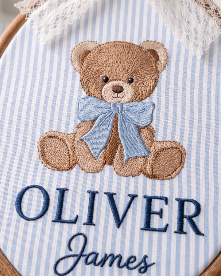 Blue Bow Teddy Bear Embroidered Custom Hoop