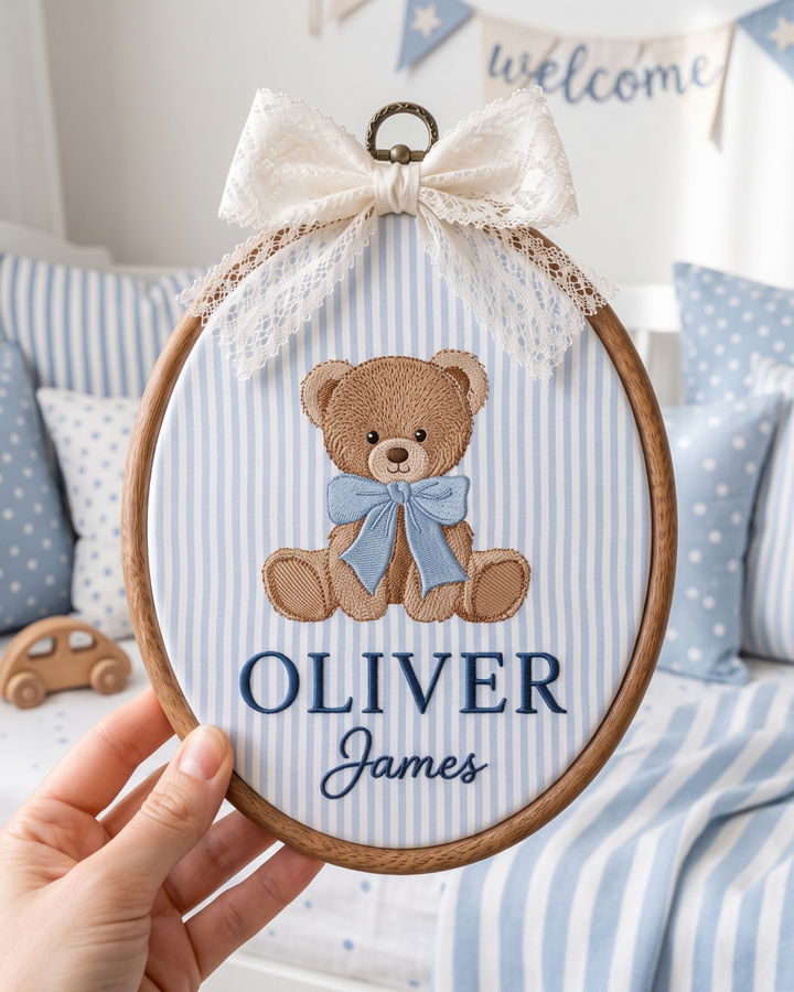 Blue Bow Teddy Bear Embroidered Custom Hoop