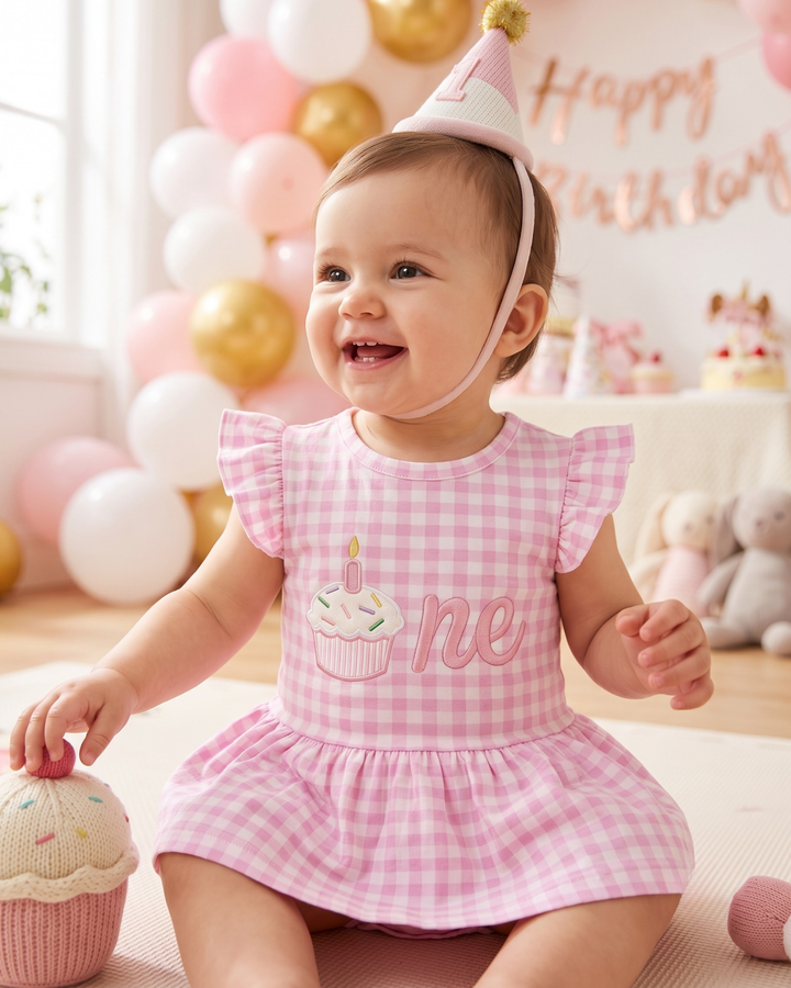 One Sweet Cupcake Embroidered Gingham Bamboo Cap Sleeve Ruffle Dress