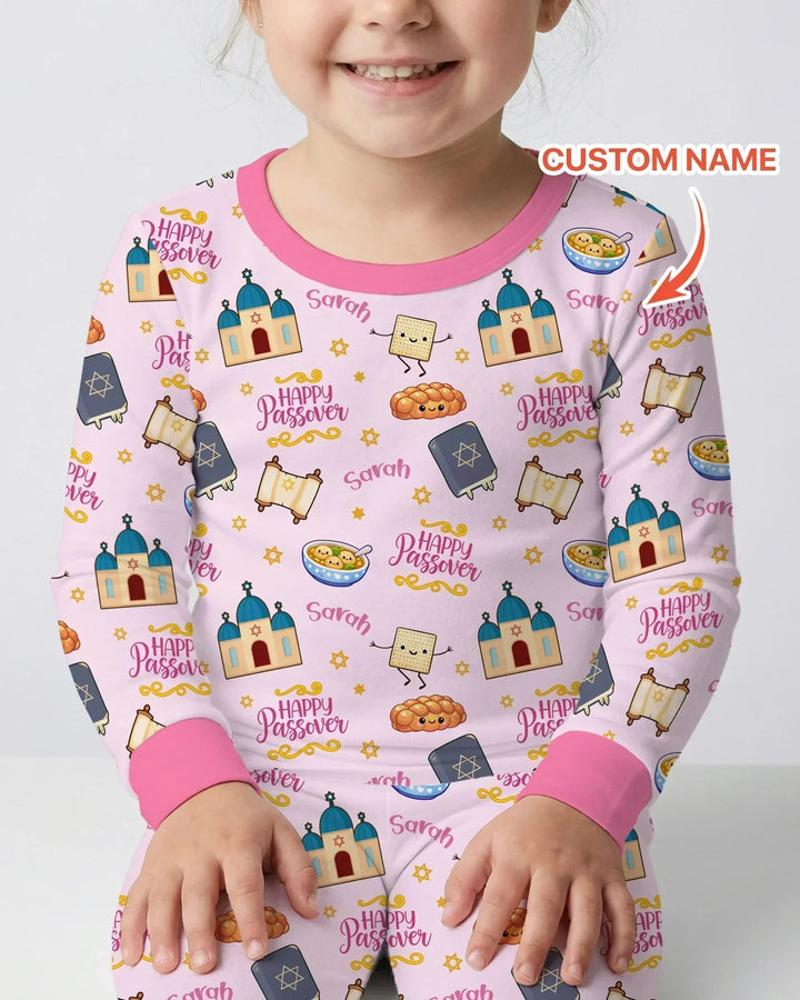 Custom name "Pesach Sameach" Bamboo Two Piece Long Sleeve Pajama Set