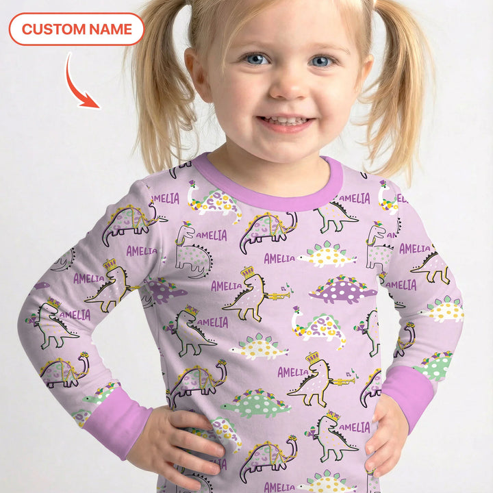 Custom Name Mardi Gras Saurus Bamboo Two Piece Long Sleeve Pajama Set