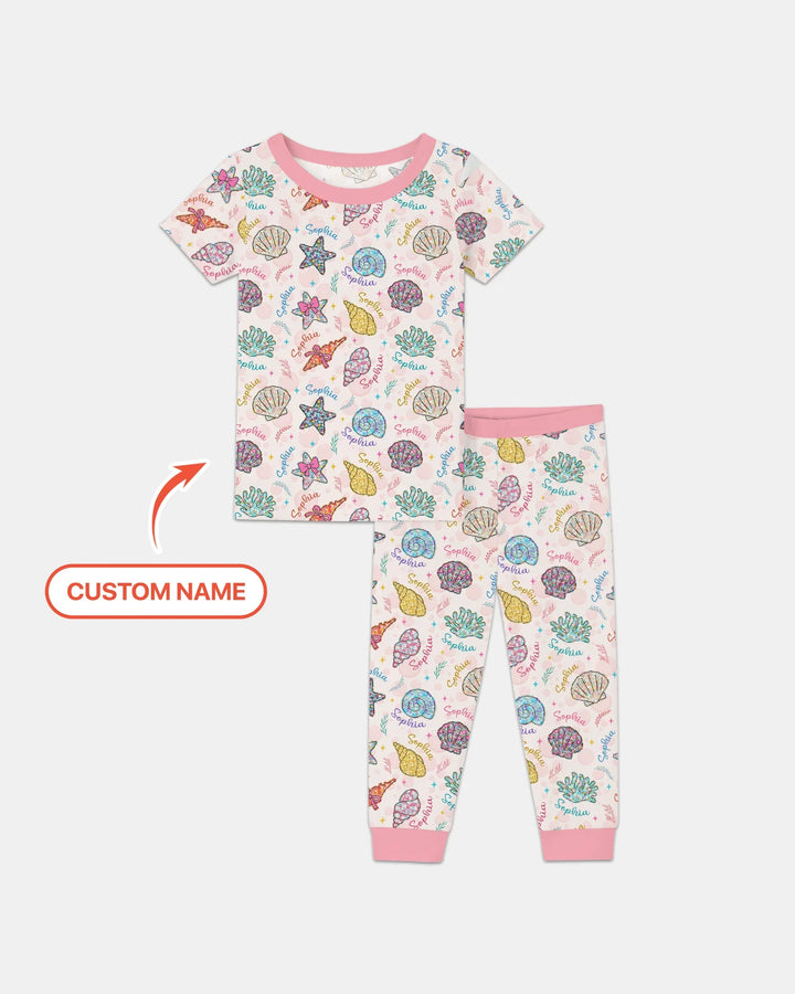 Custom Name Seaside Wildflower Summer Bamboo Two Piece Short Sleeve Pajama Set