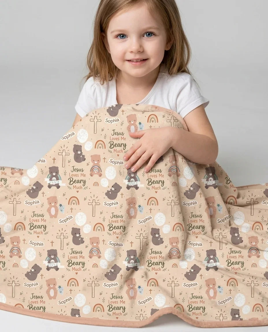 Custom Name Jesus Loves Me Beary Much Bamboo Blanket