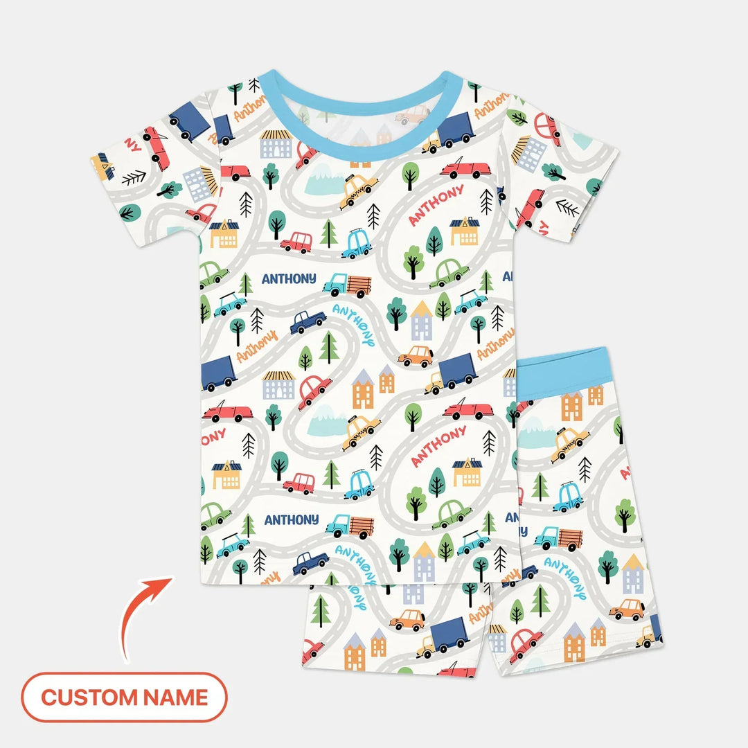 Custom Name Road Map Bamboo Two Piece Short Sleeve Shorts Pajama Set