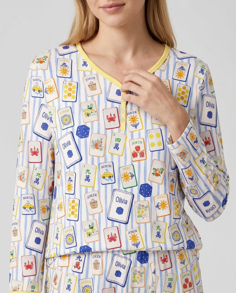 Coastal Mahjong Custom Name Mommy & Me Matching Bamboo Women Pajama Set