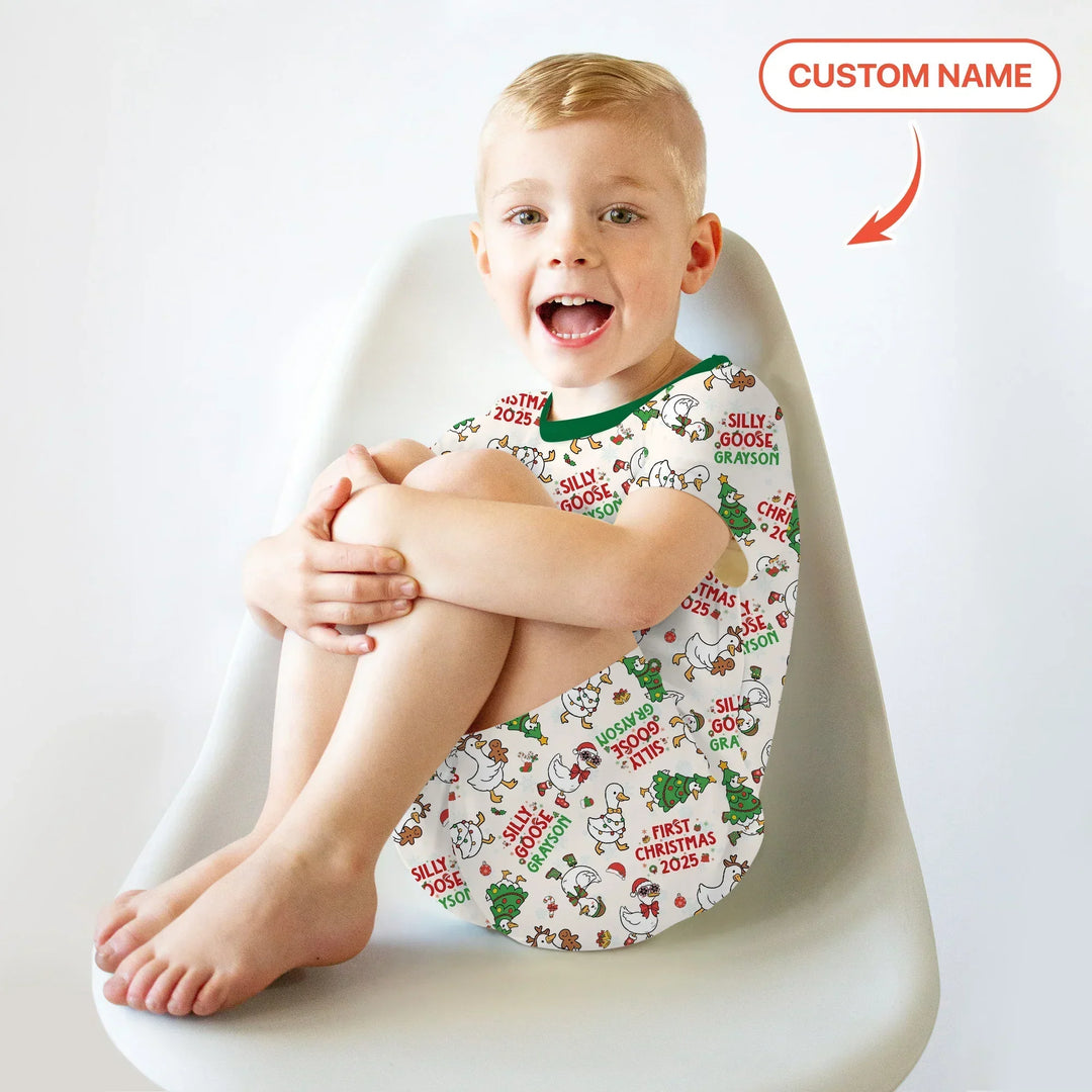 Custom Name "Silly Goose" Two Piece Short Sleeve Shorts Pajama Set (Green) , Custom Name "Silly Goose" Two Piece Short Sleeve Shorts Pajama Set (Green) - 12-18M