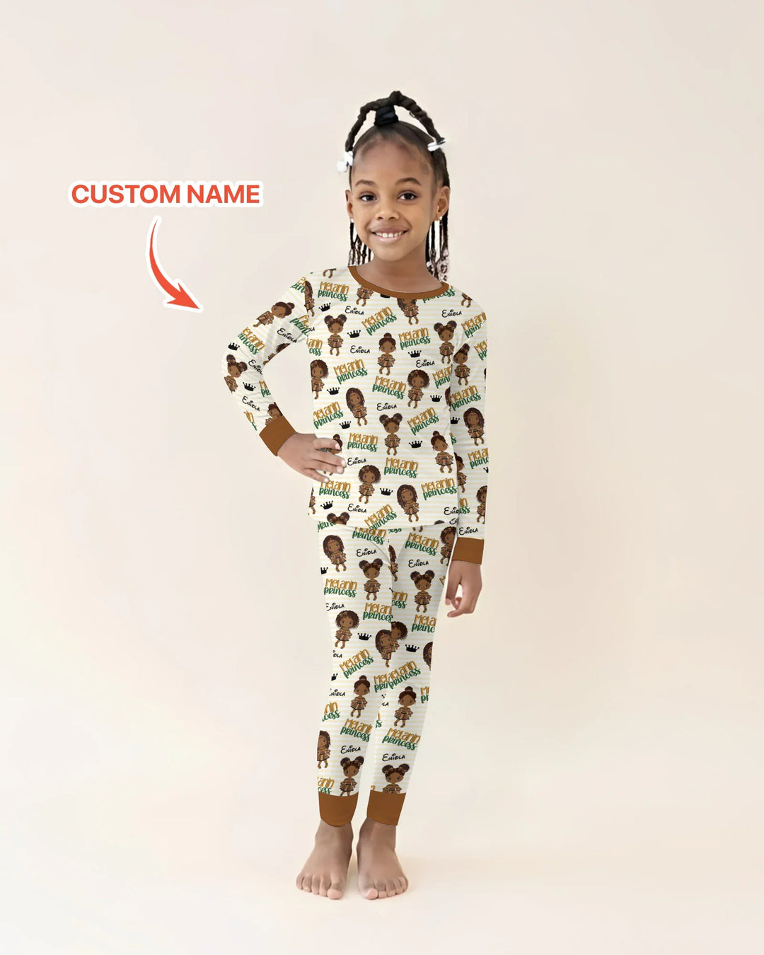 Custom Name Melanin Princess Bamboo Two Piece Long Sleeve Pajama Set