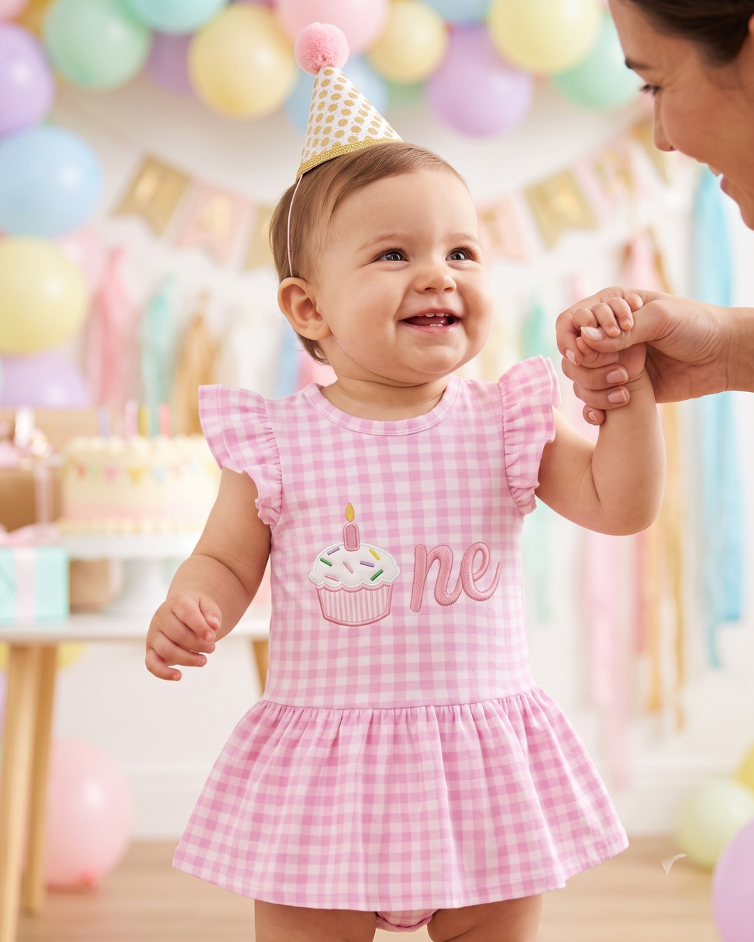 One Sweet Cupcake Embroidered Gingham Bamboo Cap Sleeve Ruffle Dress