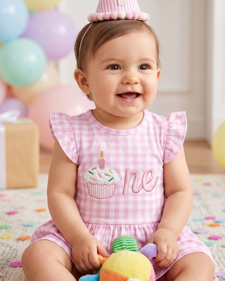 One Sweet Cupcake Embroidered Gingham Bamboo Cap Sleeve Ruffle Dress