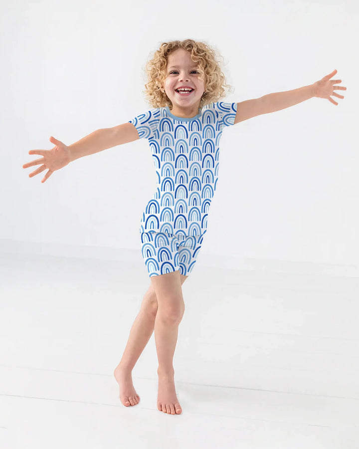 Sky Blue Rainbows Bamboo Two Piece Short Sleeve Shorts Pajama Set