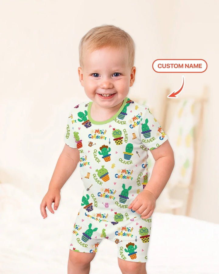 Custom Name Mini Gardener Bamboo Two Piece Short Sleeve Shorts Pajama Set