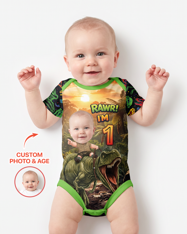 Custom Photo Dino Rawr Birthday Bamboo Bodysuit