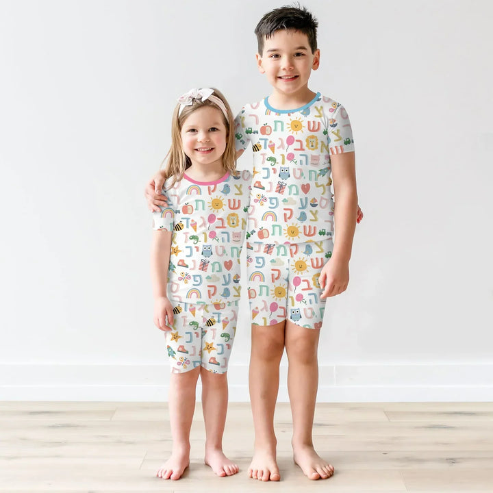 Hebrew Alphabet Two Piece Short Sleeve Shorts Pajama Set , Hebrew Alphabet Two Piece Short Sleeve Shorts Pajama Set - 12-18M / Blue