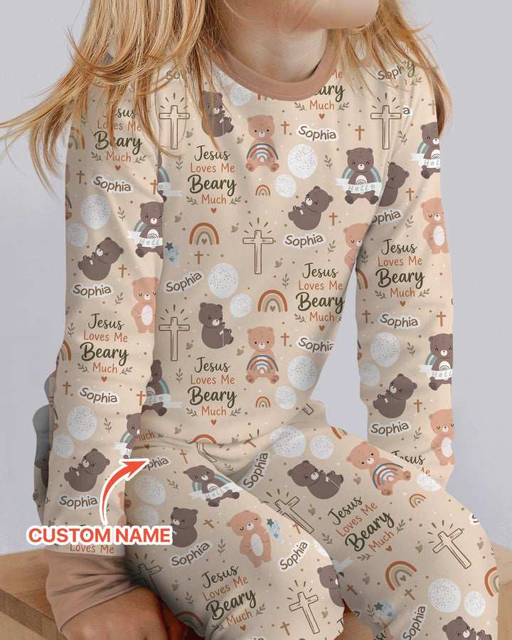 Custom Name Jesus Loves Me Beary Much Bamboo Two Piece Long Sleeve Pajama Set