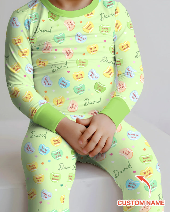 Custom Name Tennis Candy Hearts Bamboo Two Piece Long Sleeve Pajama Set