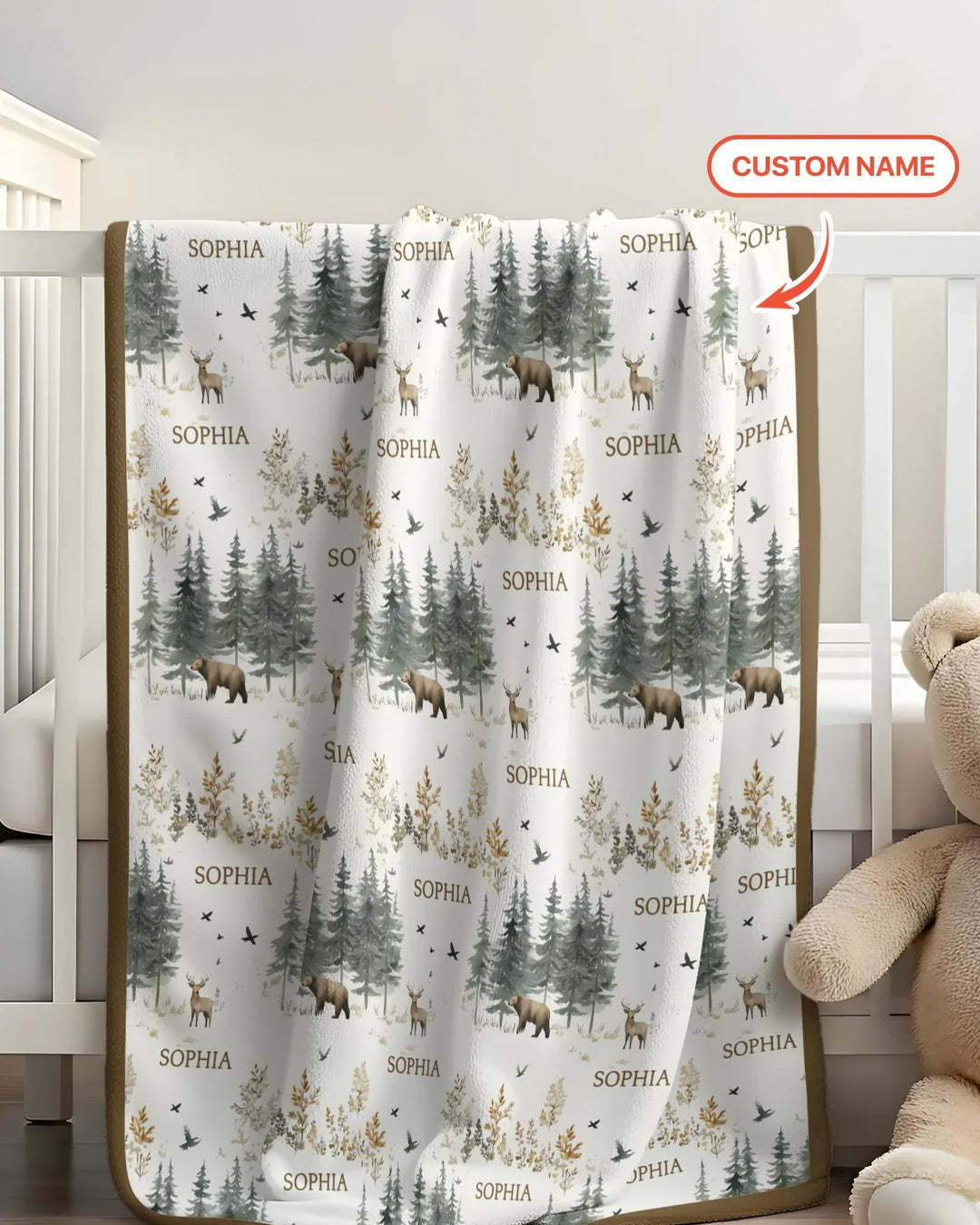 Custom Name Forest Bear Deer Bamboo Blanket