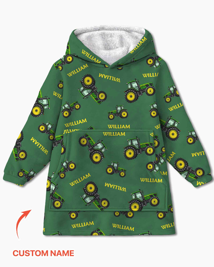 Custom Name Green Tractors Matching Daddy & Me Bamboo Blanket Hoodie