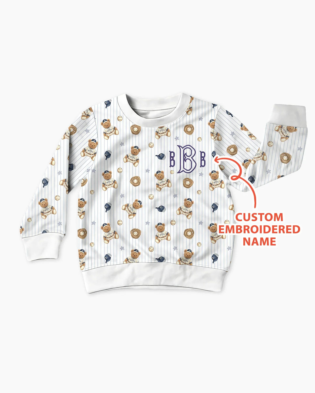 Personalisiertes besticktes Teddybär-Baseball-Baby-Bambus-Rundhals-Sweatshirt