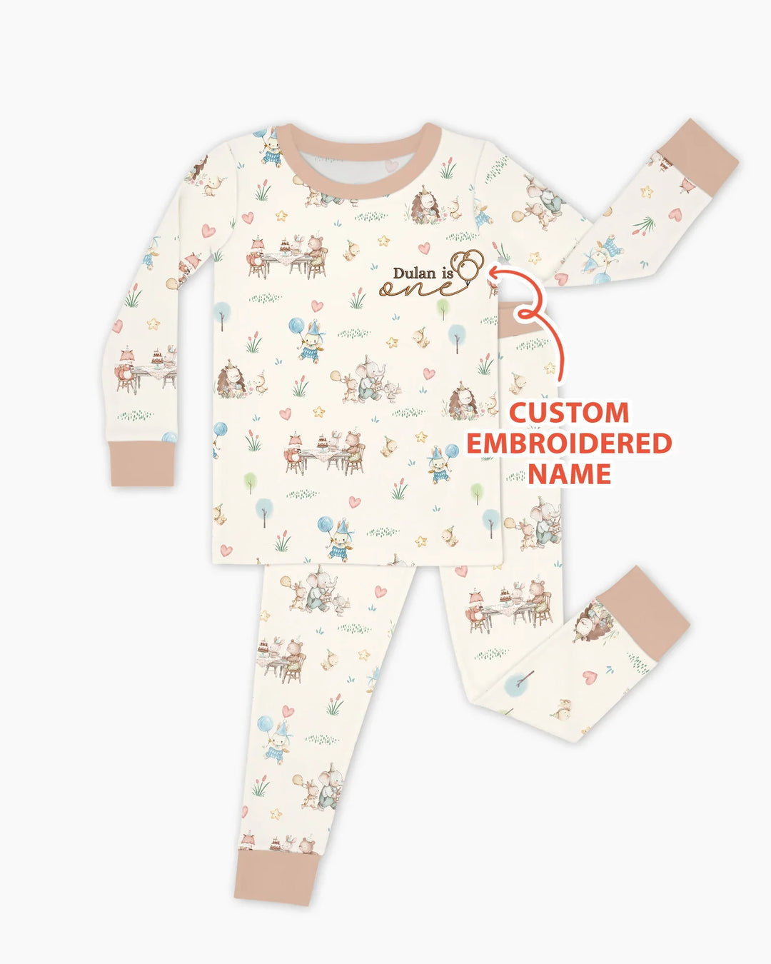 Custom Embroidered Name Birthday Baby Bamboo Two Piece Long Sleeve Pajama Set