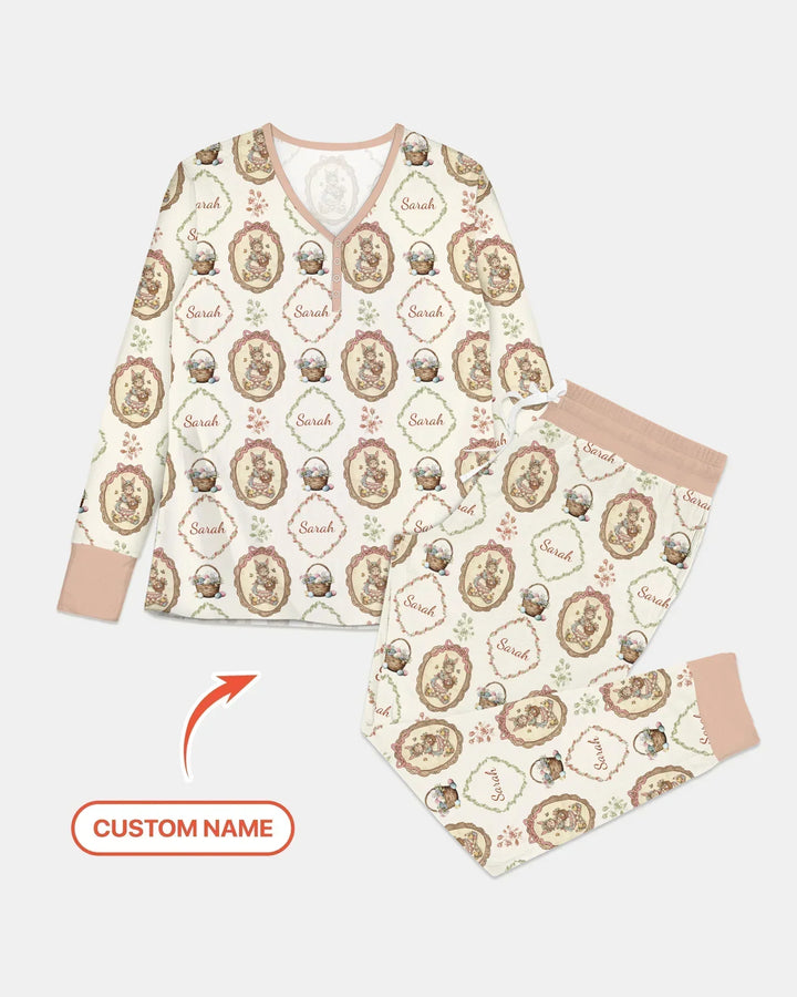 Vintage Hase Ostern Benutzerdefinierter Name Mommy & Me Passender Bambus Damen Schlafanzug Set