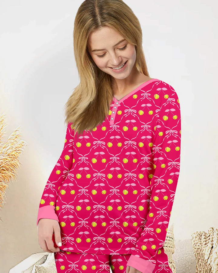 Kirsch-Baseball-Softball-Mama-und-Mädchen-passendes-Bambus-Damen-Pyjama-Set