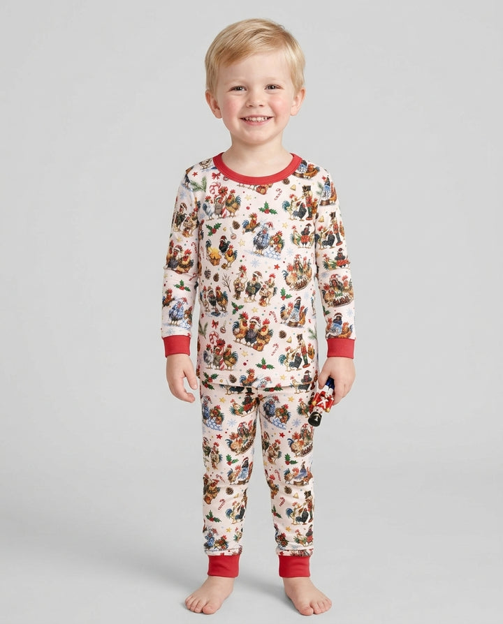 Funny Roosters On Christmas Bamboo Two Piece Long Sleeve Pajama Set