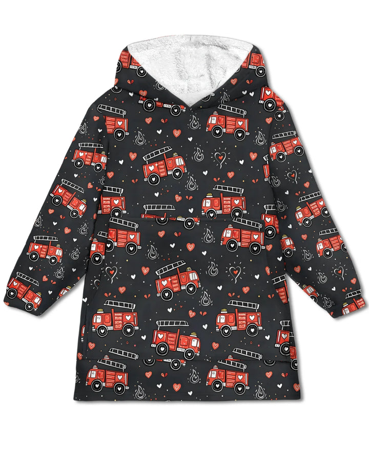 Valentine Fire Trucks Wearable Bamboo Blanket Hoodie