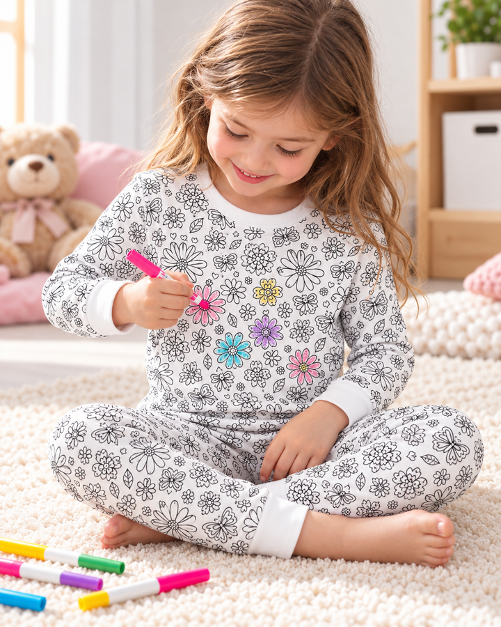 Florales flatterndes ausmalbares zweiteiliges Pyjama-Set aus Bambus