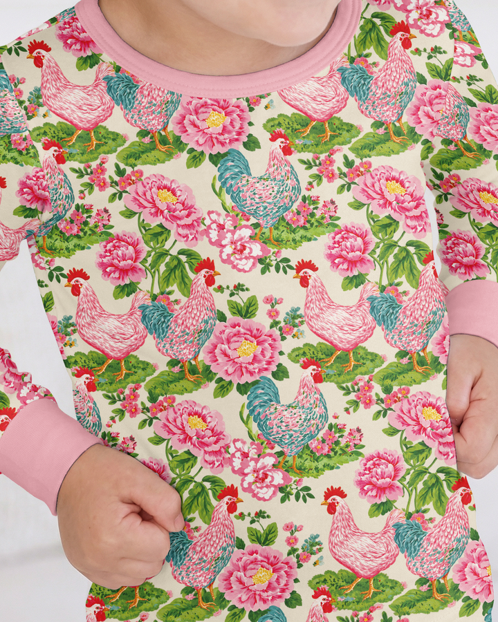 Chicken and Peony Mommy And Me Matching Bamboo Two Piece Long Sleeve Pajama Set