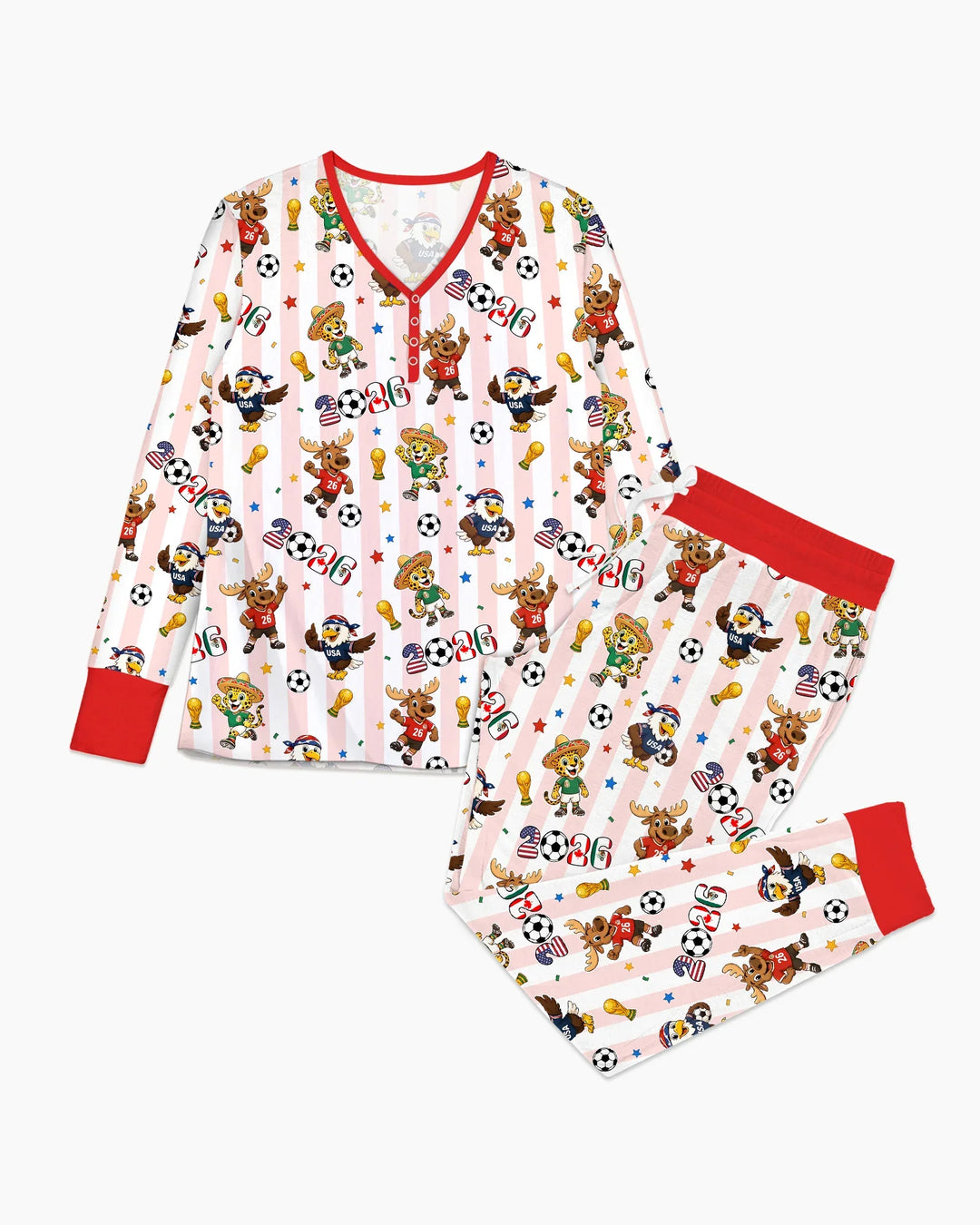 Striped Cute Mascots Soccer Cup 2026 Bamboo Women Pajama Set