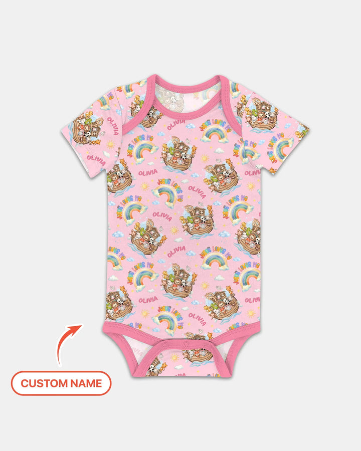Custom Name Jesus Loves Me Noah's Ark Bamboo Bodysuit