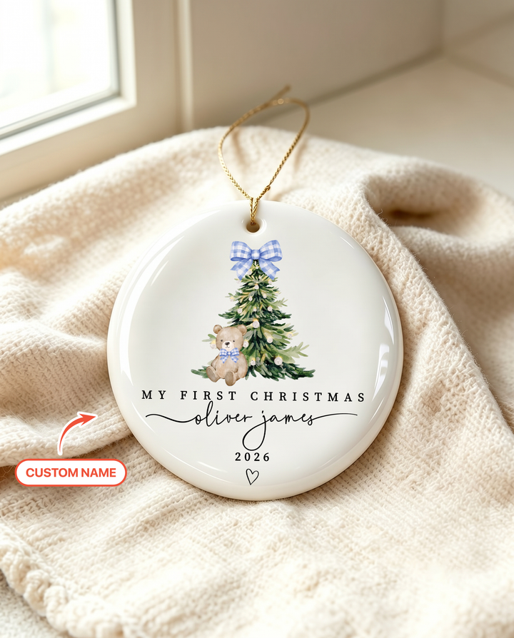 Custom Name First Christmas Teddy Bear Ceramic Ornament
