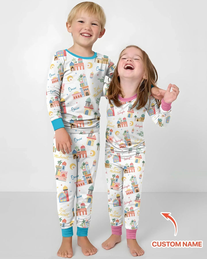 Eid Mubarak Custom Name Bamboo Two Piece Long Sleeve Pajama Set